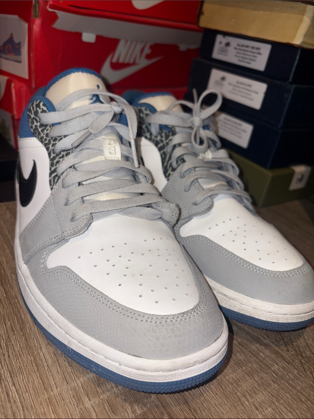 Nike Men’s ' Jordan 1 White, Light Gray & Blue Low-Top Sneakers Size 13